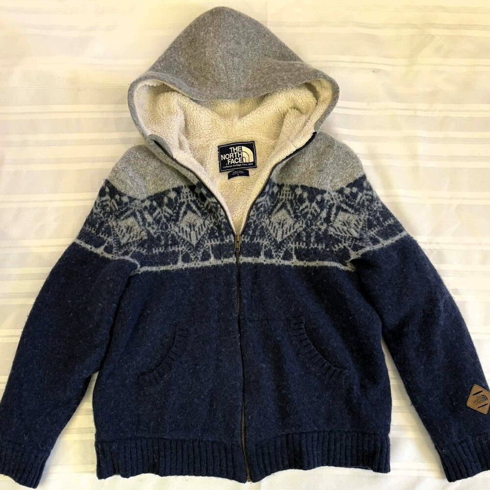 The North Face Nordic Hooded Coat Sweater Full Zip Wool Blend Sherpa Lined Sz L